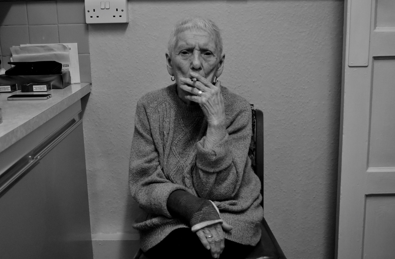 Nan smoking in kitchen